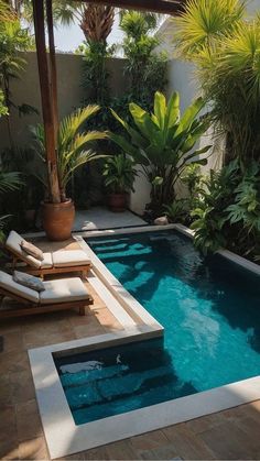 an outdoor swimming pool surrounded by greenery