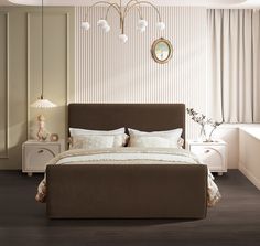 a bedroom with a bed, nightstands and two lamps on the side of the wall