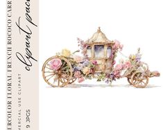 a watercolor drawing of a horse drawn carriage with flowers on the front and sides