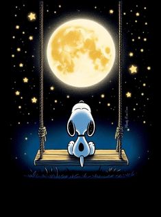 snoopy sitting on a swing in front of the moon with his head turned to look like he's sleeping