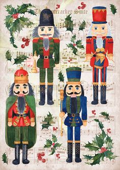 christmas nutcrackers with holly wreath and music notes on parchment paper by the print studio