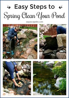 four pictures showing how to clean your pond with water and rocks, including a man in blue