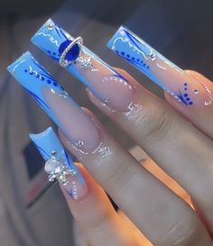 Blue Sets Nails, Blue N White Nails, Light Blue Baddie Nails, Blue Long Acrylic Nails, Blue Freestyle Nails, Blue Virgo Birthday Nails, Baddie Simple Nails, Light Blue Nails Black Women