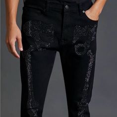 Rhinestones Bones Skinny Jeans Black Crafted From Stretch Denim 99 % Cotton 1 % Spandex Hand Wash Cold New With Tag Smoke Pets Free Home Fast Shipping Fitted Black Bottoms With Rhinestone Fringe, Trendy Black Bottoms With Rhinestones, Trendy Black Rhinestone Bottoms, Glamorous Black Bottoms With Rhinestones, Trendy Fitted Bottoms With Rhinestones, Edgy Party Bottoms From Forever 21, Edgy Party Bottoms By Forever 21, Forever 21 Men, Blue Jeans Mens