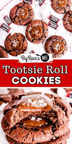 chocolate cookies are stacked on top of each other with the words, tootsie roll cookies