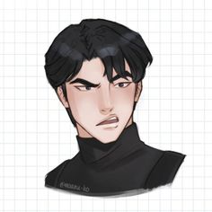 a drawing of a man with black hair wearing a turtle neck shirt and looking at the camera