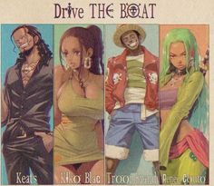 the cover art for drive the boat, featuring four women in different outfits and one man with