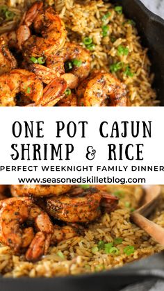 one pot cajun shrimp and rice in a cast iron skillet with text overlay