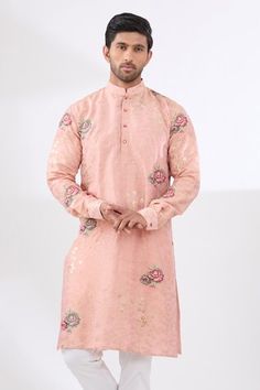 Pink tissue kurta with zari floral embroidery and rose motif embroidery. Paired with a cotton silk pant. - Aza Fashions Spring Cotton Silk Sherwani With Resham Embroidery, Spring Embroidered Cotton Silk Sherwani, Spring Embroidered Chanderi Sherwani, Diwali Sherwani With Floral Embroidery In Raw Silk, Pink Bollywood Sherwani With Floral Embroidery, Eid Cotton Silk Churidar With Floral Embroidery, Spring Wedding Sherwani In Raw Silk, Traditional Pink Sherwani With Floral Embroidery, Traditional Sherwani With Pallu For Spring