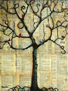 a painting of a tree with birds sitting on it's branches in front of an old book page