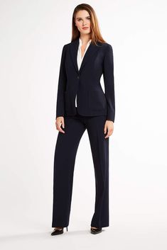 Tailored Pantsuit For Business Casual In Fall, Modern Long Sleeve Pantsuit For Work, Tailored Fall Pantsuit For Business Casual, Fall Office Suit With Suit Collar, Classic Fall Pantsuit For Office Wear, Sleek Fall Office Suits, Fall Single-breasted Pantsuit For Career, Fall Workwear Pantsuit With Lapel Collar, Fall Lapel Collar Pantsuit For Work