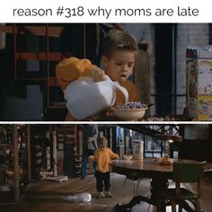 a little boy eating food from a bowl on top of a wooden table with the caption reason 38 why moms are late