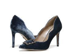 Sam Edelman Harriett - Women's Shoes : Sapphire : Get the chic and comfy Sam Edelman Harriett Pumps and slay the fashion trends like a pro! Fabric upper. Synthetic lining and polyurethane footbed. Pointed toe and stiletto heel. Embellished buckle on the vamp for added style. Rubber outsole with high traction and durability. Imported. Measurements: Heel Height: 3.75 in. Single Shoe Weight: 16.8 oz. Weight of footwear is based on a single item, not a pair. Blue Padded Heel Office Heels, Blue Embellished Heels With Pointed Toe, Luxury Blue Classic Heels, Luxury Embellished Blue Heels, Blue Pointed Toe Court Shoes With 4-inch Heel, The Vamps, Sam Edelman, Like A Pro, The Chic