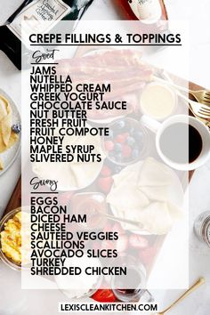 an image of a table full of food with the words crepes fillings and toppings