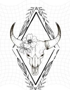 a bull skull with flowers and arrows on it's head in the shape of a triangle