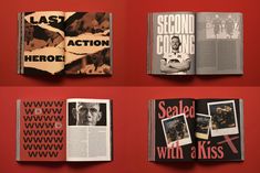 four different magazine pages on a red wall with black and white photos in the middle