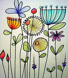 a drawing of flowers and dragonflies on a white background with blue, green, yellow, red, orange