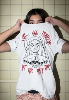 Nun Shirt, Satanic T-Shirt, Unholly Shirt, Gothic Shirt, The Satanic Temple, Olus Size Goth, Satanist Shirt, Satanism Shirt, 666 Shirt by th3mode13 on Etsy Alternative Style Pre-shrunk White T-shirt, Bad Nun, Church Tshirt, Hello Wine, The Satanic Temple, Church Tshirts, Satanic Temple, Satanic Clothing, Satanic Shirt