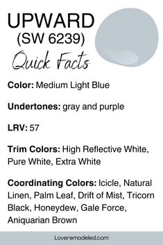 an advertisement for the upward sw - 829 quick fats color medium light blue undertones gray and purple