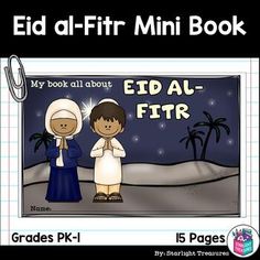 an eid - fir mini book with two children standing in front of it