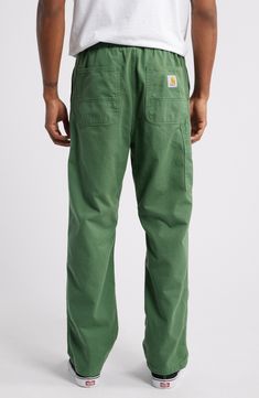 Made from durable organic-cotton twill, these straight-leg pants with an elastic waist are sure to be your everyday go-to. 29 1/2" inseam; 15" leg opening; 15" front rise; 16 1/2" back rise (size Medium) Elastic waist Front slant pockets; back patch pockets 100% organic cotton Dry clean or machine wash, tumble dry Imported Green Relaxed Fit Cotton Work Pants, Green Cotton Pants With Comfort Waistband, Green Relaxed Fit Cargo Pants For Everyday, Green Cotton Cargo Pants For Everyday Wear, Everyday Green Cotton Cargo Pants, Carhartt Cargo Pants, Duck Green, Carhartt Style, Carhartt Cargo