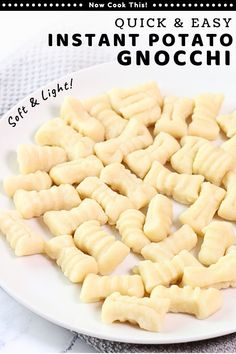 instant potato gnocchini on a white plate with text overlay that reads quick and easy instant potato gnocchini