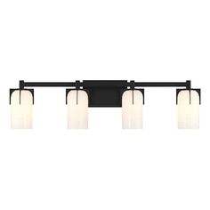 four light bathroom fixture with black finish and frosted white glass shades on the sides