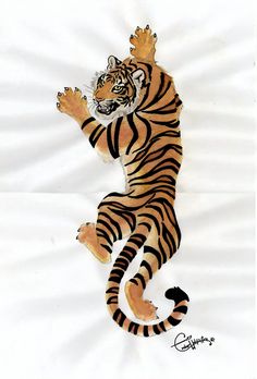 a drawing of a tiger laying on its back with it's arms stretched out