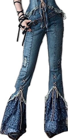 Denim Flare Pants, Patchwork Designs, Denim Flares, Pair Of Pants, Flare Pants, Blue Denim, Full Length, Lace Up, Collage