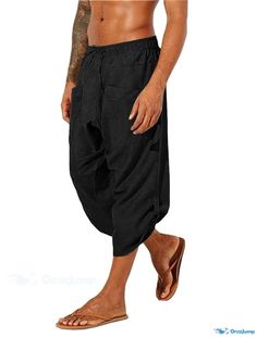 OrcaJump - Green & Black Baggy Beach Pants with Elastic Drawstring, Front Pocket & Soft Comfort for Casual Daily Sports Fashion Thai Pants, Linen Capri Pants, Casual Shorts For Men, Mens Linen Pants, Boho Yoga, Harem Trousers, Beach Yoga, Mens Linen, Yoga Capris