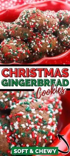 christmas gingerbread cookies with sprinkles in a red bowl