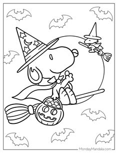 snoop halloween coloring page with pumpkins and witch hat on the broom in front of a full moon