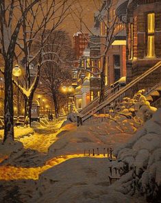 a painting of a snowy city street at night