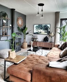 a living room filled with furniture and plants