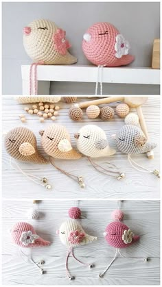 crocheted sea shells are displayed on a shelf and in different colors, sizes and shapes