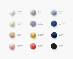 several balls of yarn in different colors on a white background with the names of each ball