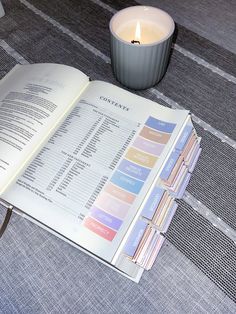 an open book sitting on top of a table next to a candle and some papers