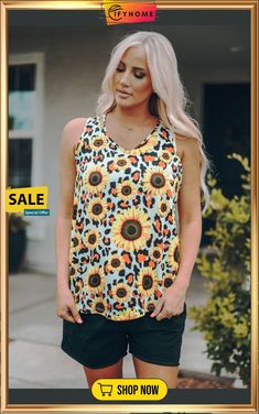 Leopard Sunflower Twist Back Casual Tank Casual Tanks, Sunflower, On Sale, Twist, Free Shipping