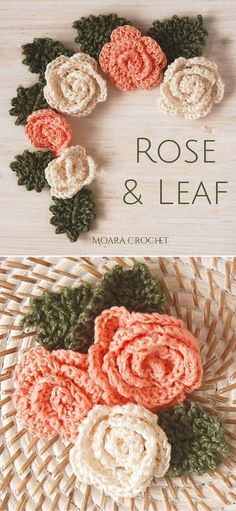 crochet rose and leaf pattern is shown on the cover of this book,