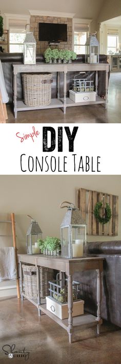 two pictures side by side with the words simple diy console table in front of them