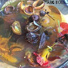 a bowl filled with lots of different types of leaves and fruit in water next to a wooden table