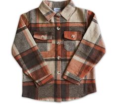 Brown, orange, and cream boys flannel Rust Orange Sweater, Brown Plaid Shirt, Orange Flannel, Boys Plaid Shirt, Baby Orange, Long Sleeve Cotton Tops, Western Style Shirt, Red Plaid Shirt, Infant Boy