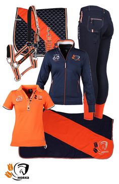 an equestrian outfit with orange and navy colors