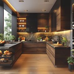 a kitchen filled with lots of counter top space next to a wall mounted wine rack