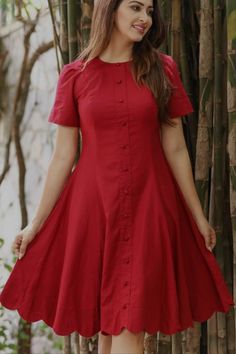 One Piece Kurti Design, Cotton 1 Piece Dress, Cotton Stylish Dresses, Linen One Piece Dress, Linen Frocks For Women, One Piece Frock Design, Simple Red Dress Casual, Red Dress Western Outfit, Cotton Dress Designs Casual Western