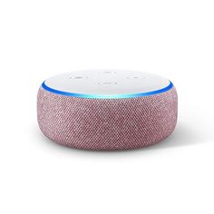 the amazon echo speaker is shown in front of a white background with blue trims