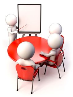 three 3d people are sitting at a round table and one is pointing to a board