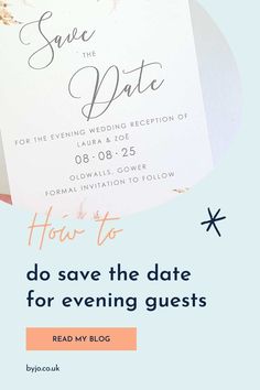 a white save the date card with flowers on it