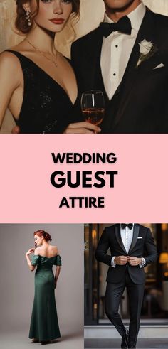 Formal wedding guest attire featuring a black evening gown, a green off-shoulder dress, and a tailored tuxedo, showcasing elegance for a wedding event.