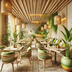 a restaurant with tables, chairs and potted plants